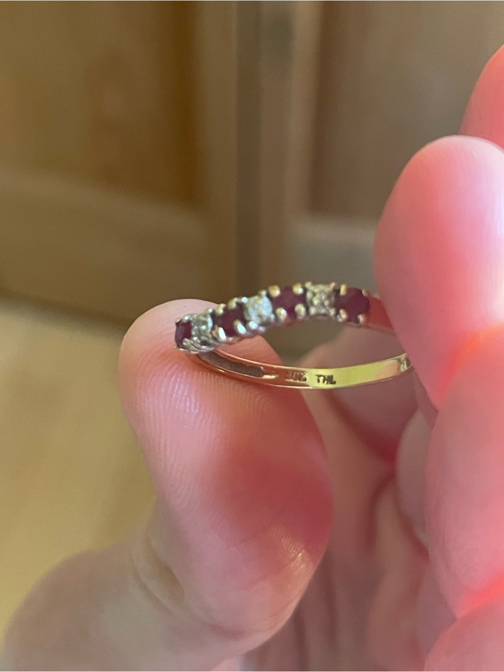 10K Yellow Gold, Diamond and Ruby Stacking Ring - Picture 4 of 6